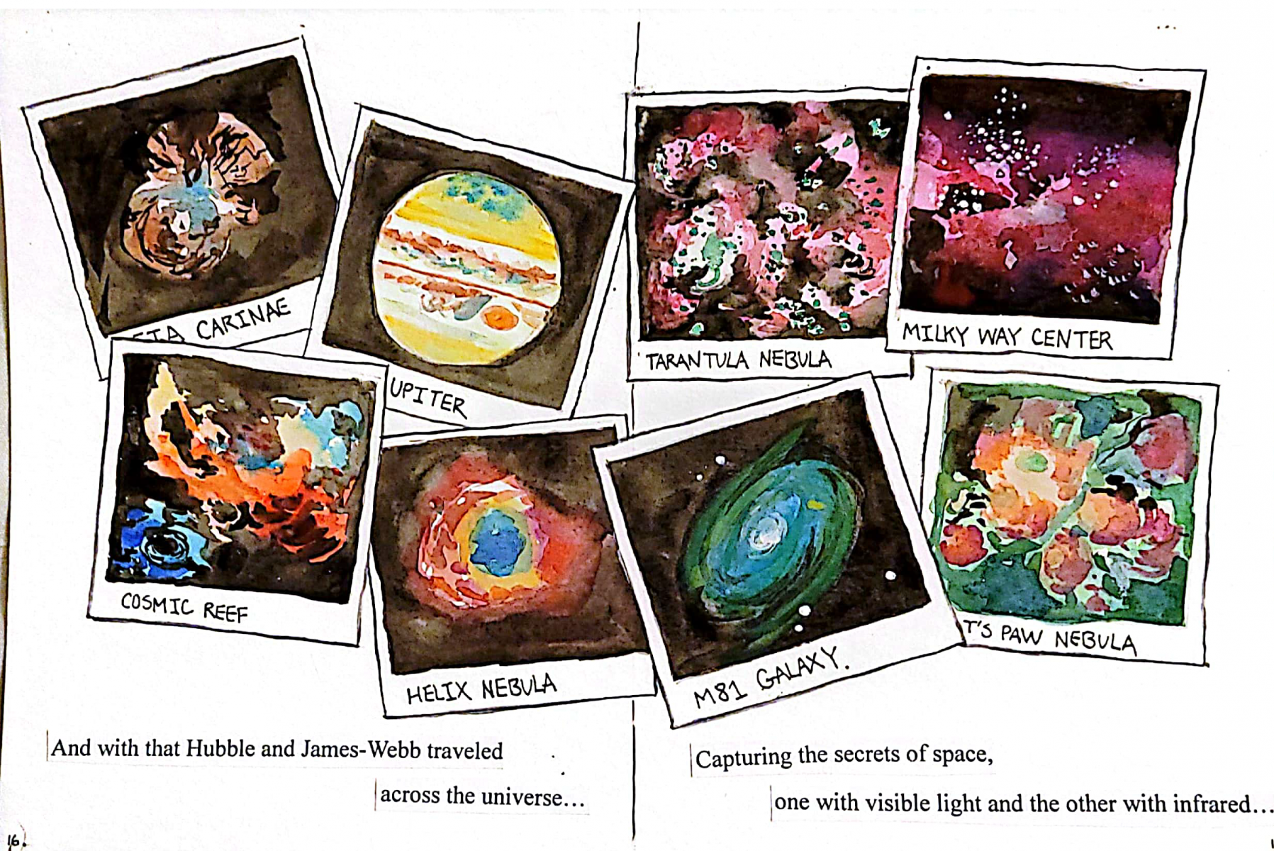 Illustrations of various cosmic features, including planets, nebulae, and galaxies, styled as Polaroid snapshots.