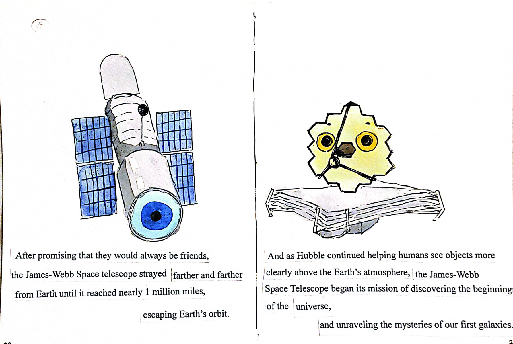 Hubble and James Webb telescopes drawn with colorful details alongside text.