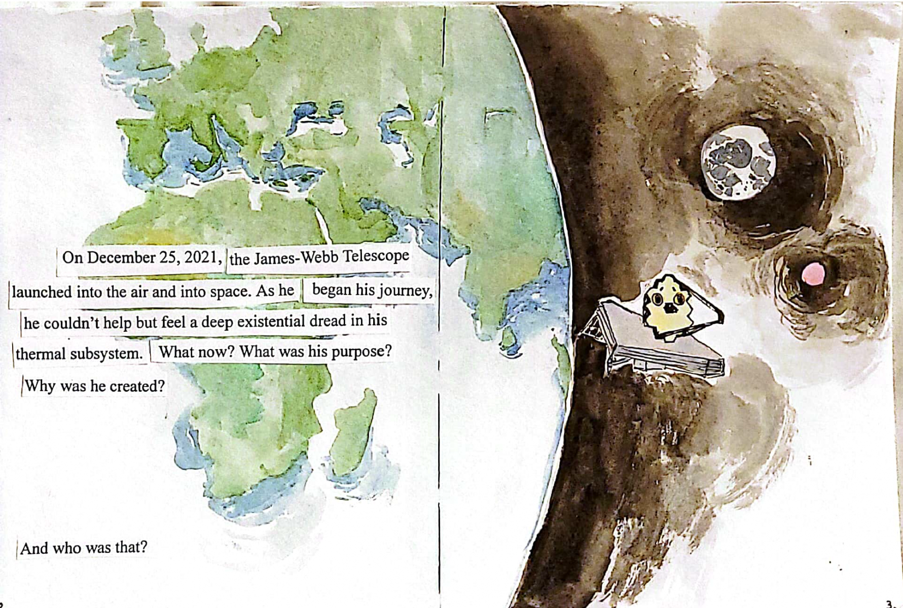 Earth, moon, and James Webb Telescope illustrated in space with accompanying text on its journey.