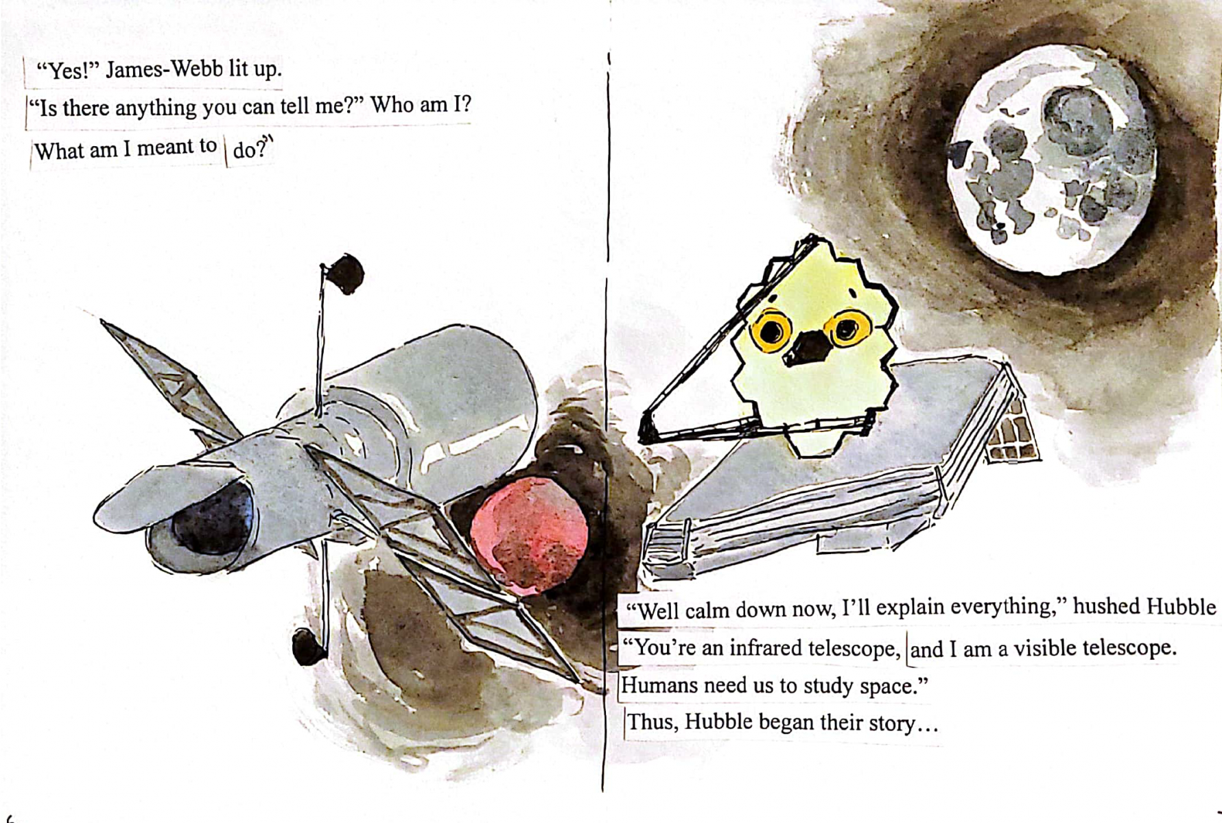 A cartoon of the James Webb and Hubble telescopes talking, with the moon in the background.