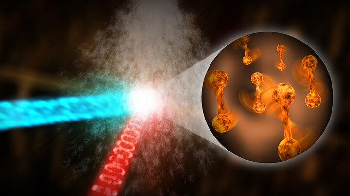 Diagram of the illumination of molecule samples with the electron pulses, which allow researchers to capture very fast changes in the orientation of the molecules.