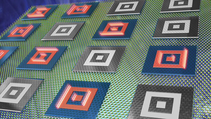 A scientific illustration shows the interface between a ferroelectric oxide and a 2D material. The AtEM team is studying how controlling nanoscale structures in these materials can lead to new electronic and optical properties, with potential applications in energy-efficient electronics, advanced optical technologies and neuromorphic computing.