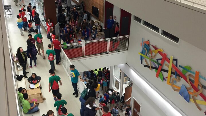 Science Olympiad attendees in Jorgensen Hall